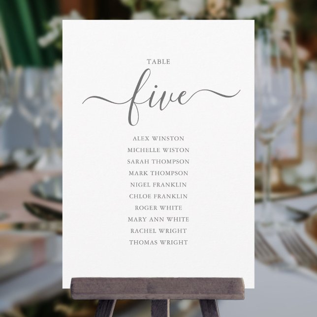 Elegantes Gray Script Tischnummer 5 Seating Chart (Elegant Gray Script Table Number 5 Seating Chart)