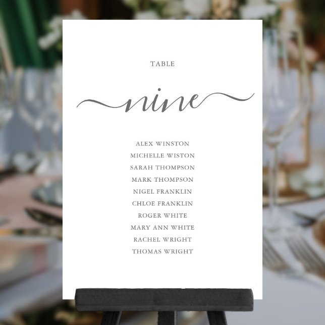 Elegantes Gray Script Tischnummer 9 Sitzungstabell (Elegant Gray Script Table Number 9 Seating Chart)