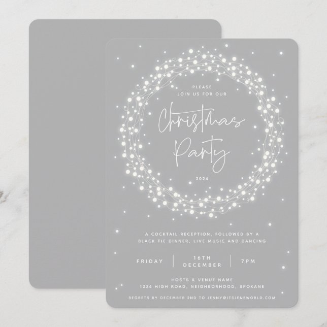 Elegantes Gray Sparkling Lights Weihnachts-Party Einladung (Vorne/Hinten)