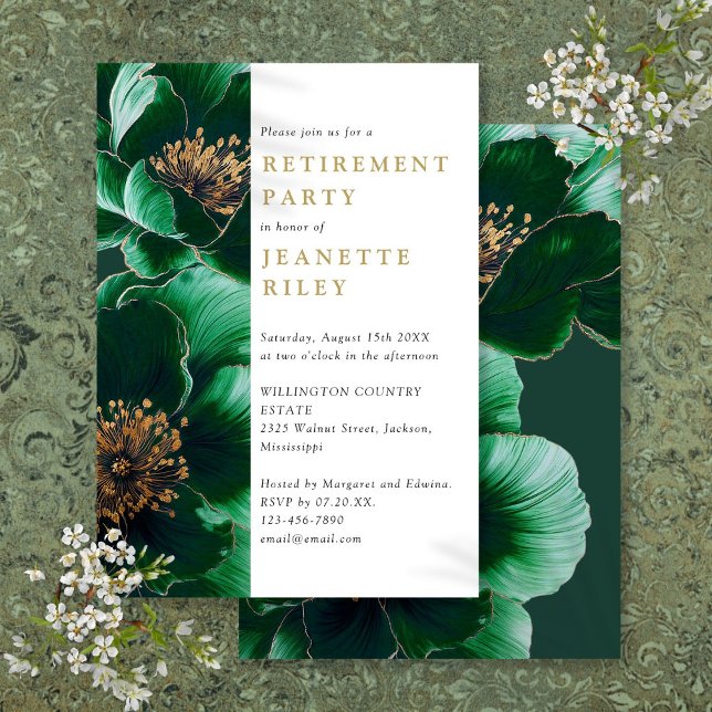 Elegantes Green and Gold Floral Retirement Party Einladung (Elegant Green And Gold Floral Retirement Party Invitation)