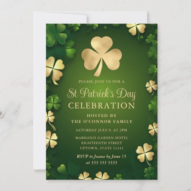 Elegantes Green and Gold Kleeblatt St Patrick's Da Einladung (Vorderseite)