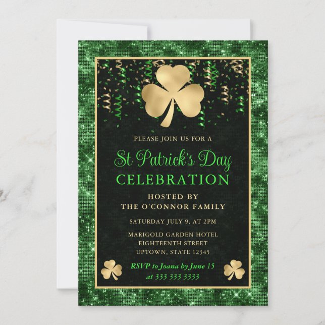 Elegantes Green and Gold Kleeblatt St Patrick's Da Einladung (Vorderseite)
