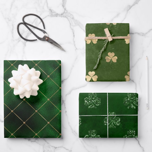 Elegantes Green and Gold Kleeblatt St Patrick's Da Geschenkpapier Set (Vorderseite)