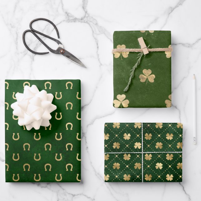 Elegantes Green and Gold Kleeblatt St Patrick's Da Geschenkpapier Set (Vorderseite)
