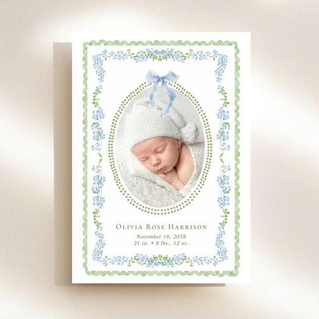 Elegantes Green Blue Watercolor Frame Foto Birth Ankündigung (Announce the arrival of your precious baby in a way that is as beautiful and unique as they are)