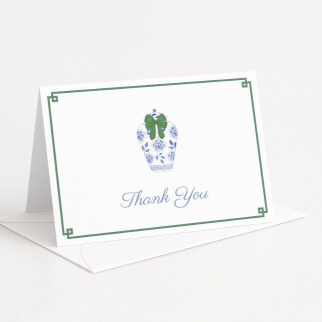 Elegantes Green Bow Tartan Weihnachtsgebäck Brautp Dankeskarte (Elegant Christmas thank you card design or personal stationery featuring ginger jar with green bow)