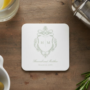 Elegantes Green Chinoiserie Bird Wappen Wedding Rechteckiger Pappuntersetzer