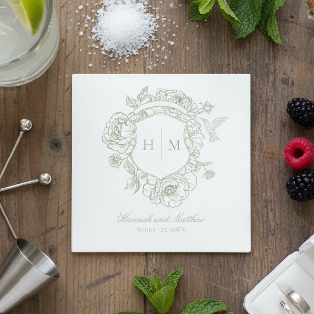 Elegantes Green Chinoiserie Bird Wappen Wedding Serviette (Von Creator hochgeladen)