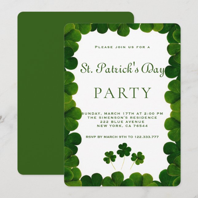 Elegantes Green Clover Frame St.Patrick Party Einladung (Vorne/Hinten)