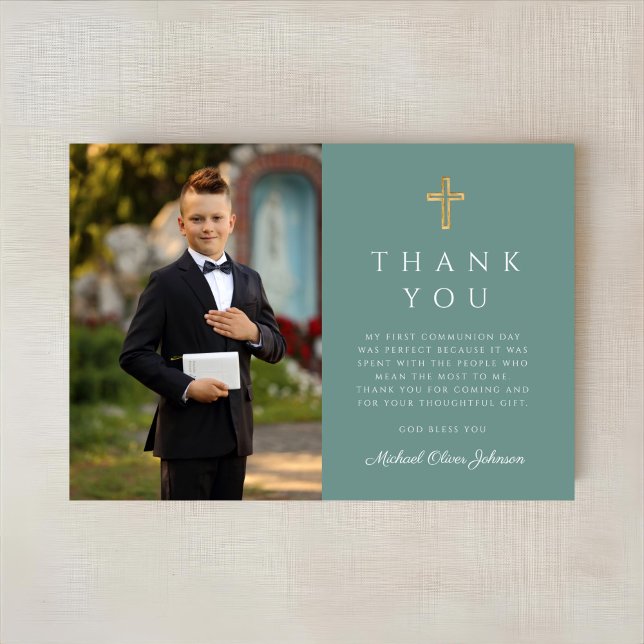 Elegantes Green Cross Boy First Communion Foto Dankeskarte (Elegant Green Cross Boy First Communion Photo Thank You Card)