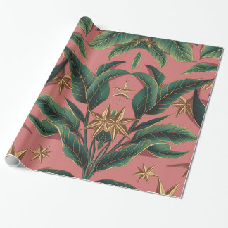 Elegantes Green Floral and Festive Gold Star Motif Geschenkpapier
