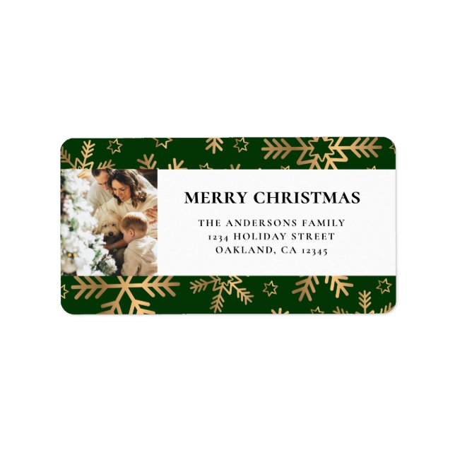 Elegantes Green Gold Family Foto Frohe Weihnachten Adressaufkleber (Vorne)
