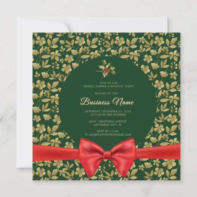 Elegantes Green Gold Floral Christmas Business Par Einladung (Vorderseite)