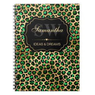 Elegantes Green & Gold Foil Leopard Spots Monogram Notizblock