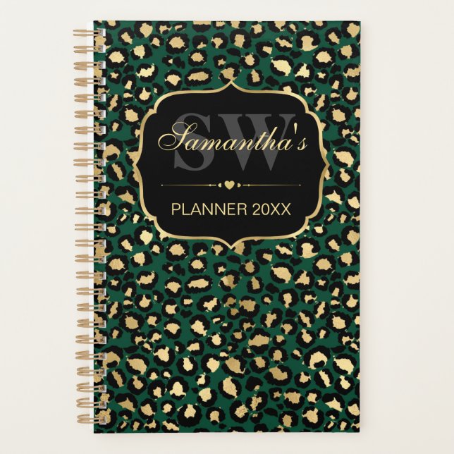 Elegantes Green & Gold Foil Leopard Spots Monogram Planer (Vorderseite)