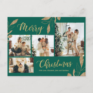 Elegantes Green Gold Foto Collage Weihnachten Postkarte