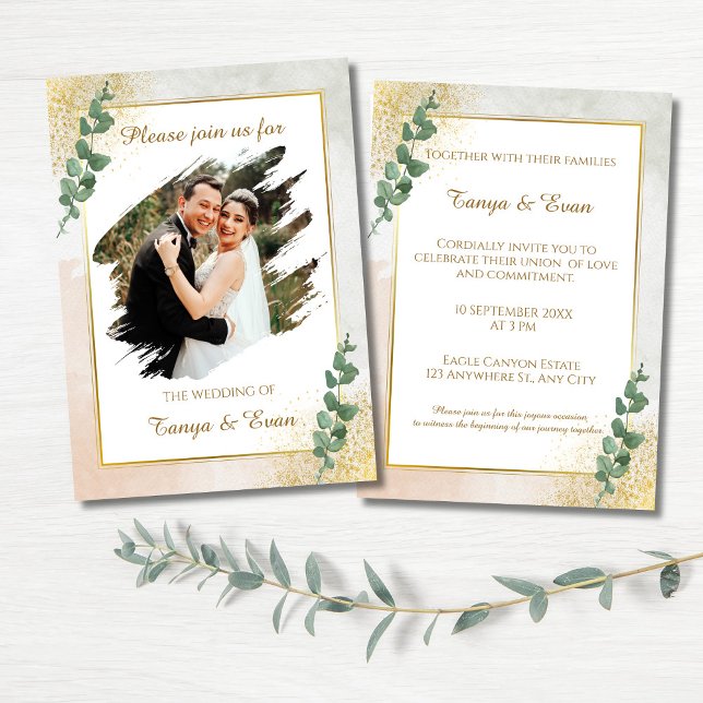 Elegantes Green & Gold Foto Einladung zur Hochzeit (Elegant Green & Gold Photo Wedding Invitation)