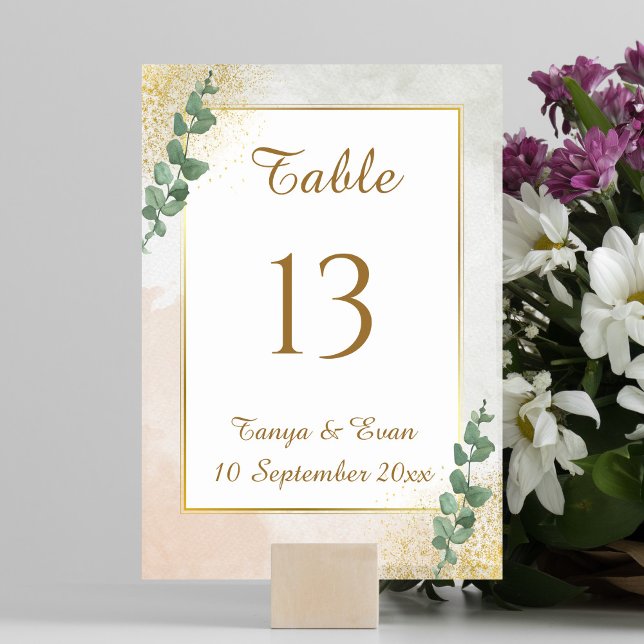 Elegantes Green & Gold Foto Hochzeit Tischnummer (Elegant Green & Gold Photo Wedding Table Number (front))