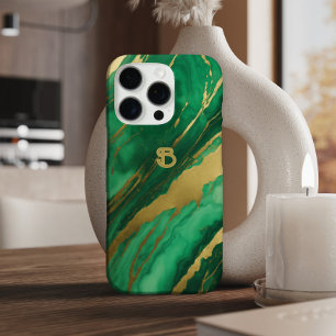 Elegantes Green Gold Marmor Monogram iPhone 16 Pro Hülle
