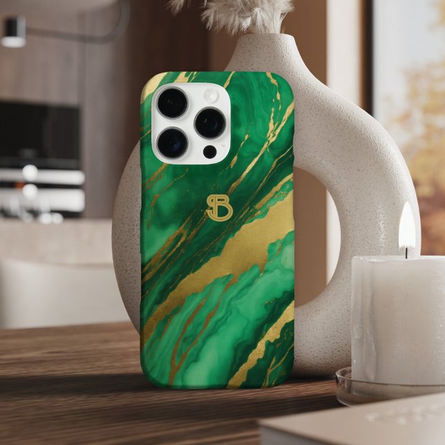 Elegantes Green Gold Marmor Monogram Case-Mate iPhone Hülle (Von Creator hochgeladen)