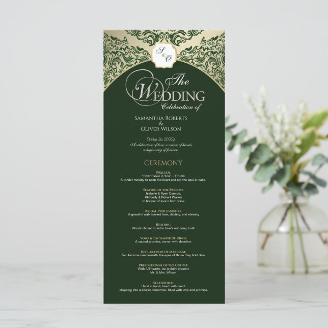 Elegantes Green & Gold Monogram Wedding Program Programm (Stehend Vorderseite)