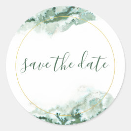 Elegantes Green & Gold Ombre-Marmor Save the Date Runder Aufkleber