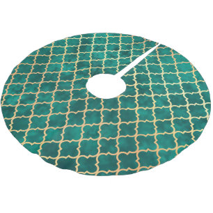 Elegantes Green Gold Quatrefoil Muster Polyester Weihnachtsbaumdecke