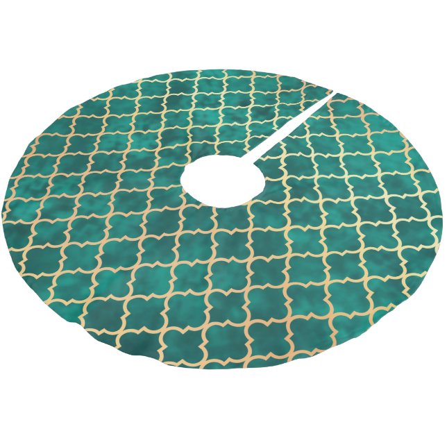 Elegantes Green Gold Quatrefoil Muster Polyester Weihnachtsbaumdecke (Schrägansicht)