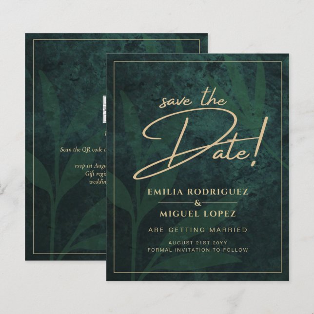 Elegantes Green Gold Save the Date QR Code UAWG (Vorne/Hinten)