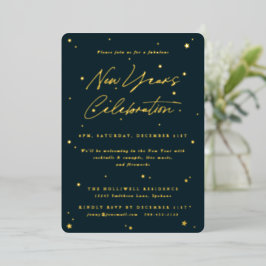 Elegantes Green+Gold Scattered Stars New Year Part Folieneinladung