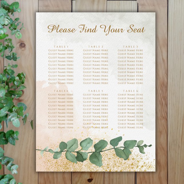 Elegantes Green & Gold Seating Chart Poster (Elegant Green & Gold Photo Wedding Seating Chart (6 Tables))