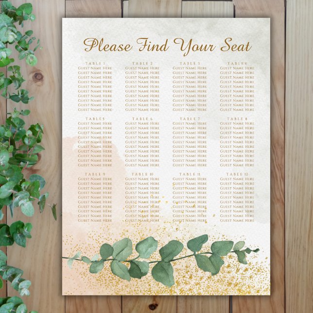 Elegantes Green & Gold Seating Chart Poster (Elegant Green & Gold Photo Wedding Seating Chart (12 Tables))