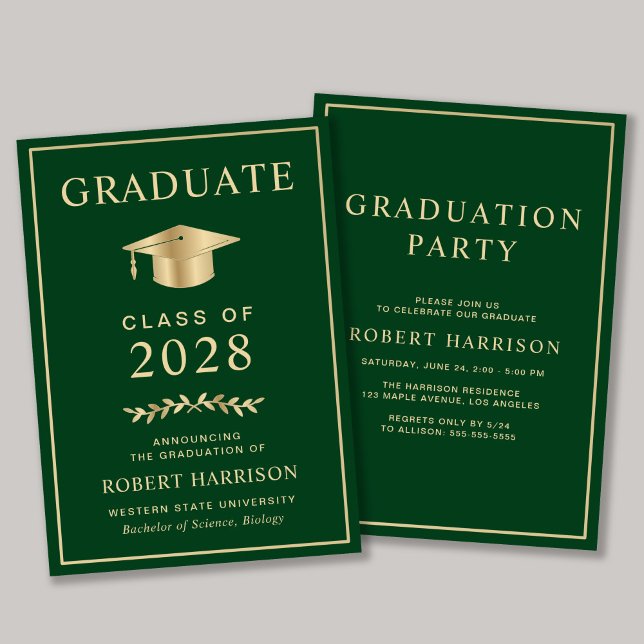Elegantes Green Gold Uni-Abschluss Party Einladung (An elegant college graduation party invitation to celebrate the graduate's achievements)
