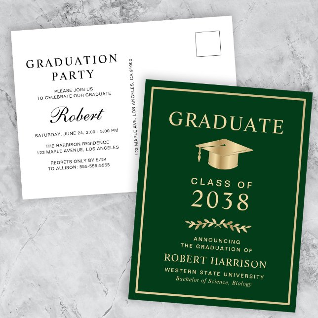 Elegantes Green Gold Uni-Abschluss Party Einladungspostkarte (An elegant college graduation party invitation postcard to celebrate the graduate's achievements)