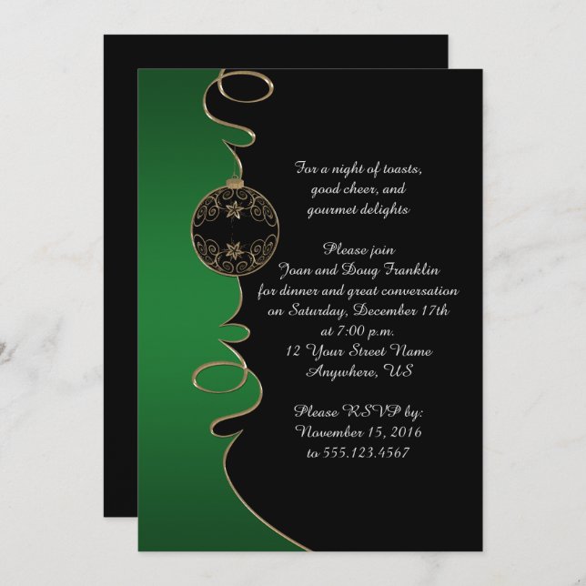 Elegantes Green Gold Wirbel Black Christmas Party Einladung (Vorne/Hinten)