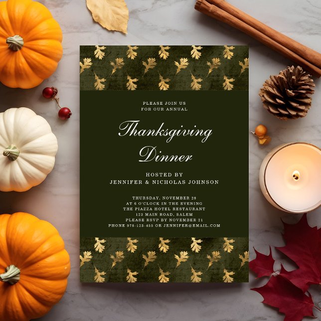 Elegantes Green Herbstlaubs Erntedank Dinner Einladung (Elegant Green Fall Leaves Thanksgiving Dinner Invitation)
