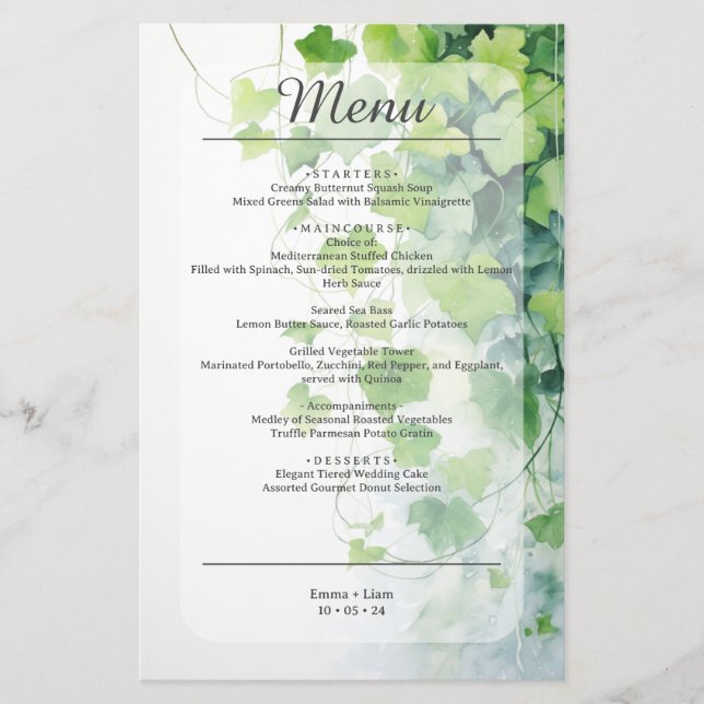 Elegantes Green Leaf Wedding Menu (Vorderseite)