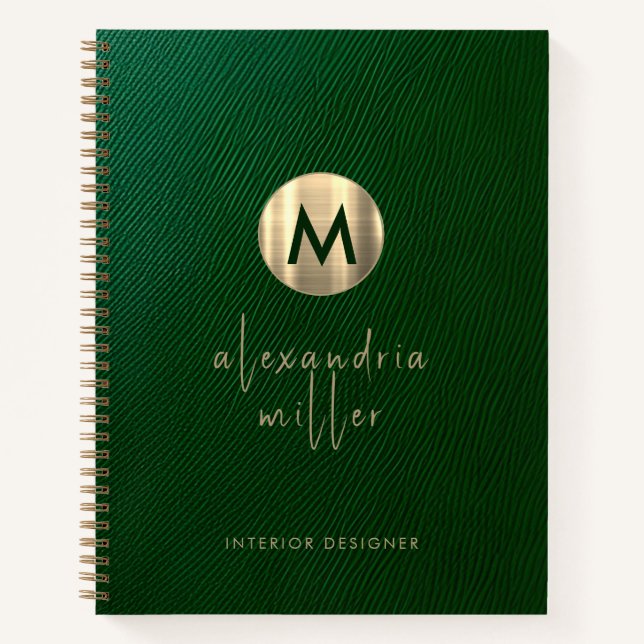 Elegantes Green Leather Gold Monogramm Notizbuch (Vorderseite)