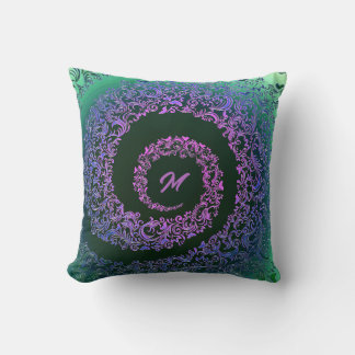 Elegantes Green & Lila Damask Monogramm Kissen