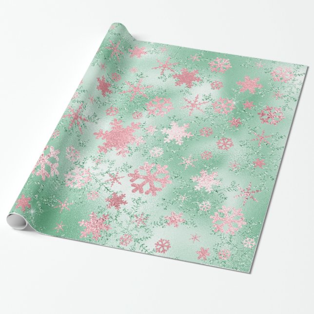 Elegantes Green & Pink Weihnachten Snowflake Muste Geschenkpapier (Ungerollt)