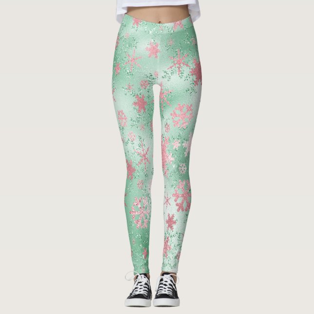Elegantes Green Pink Weihnachts-Schneeflockenmuste Leggings (Vorderseite)