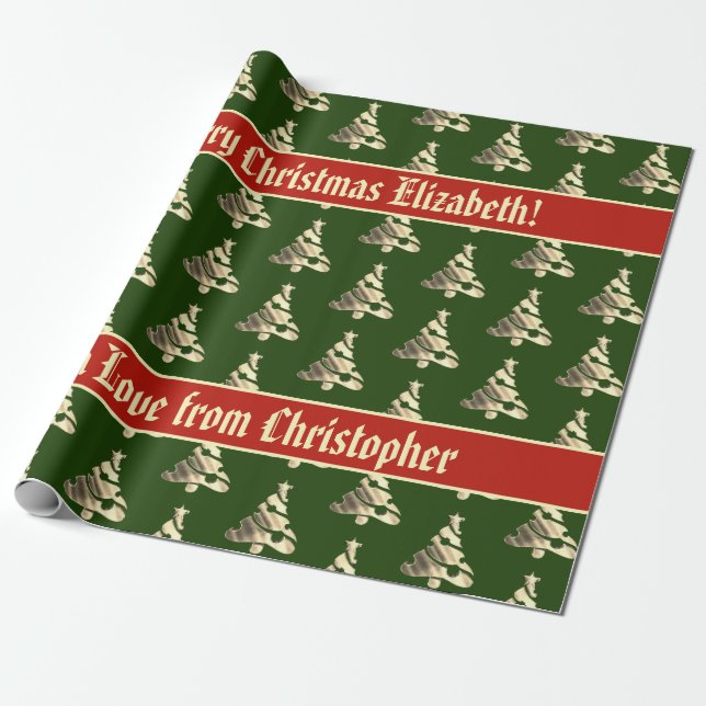 Elegantes Green Red Imitats Gold Weihnachtsbaummus Geschenkpapier (Ungerollt)