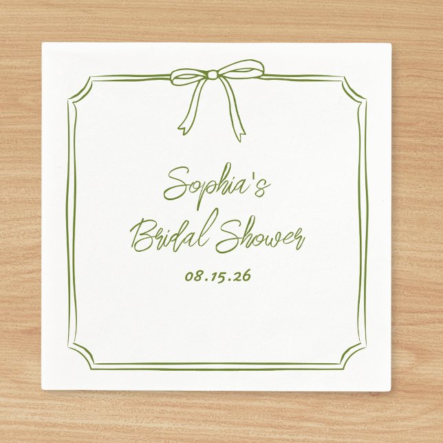 Elegantes Green Simple Classic Bow Brautparty Serviette (Customize these olive green napkins for a bridal shower—adding a refined touch to your celebration.)