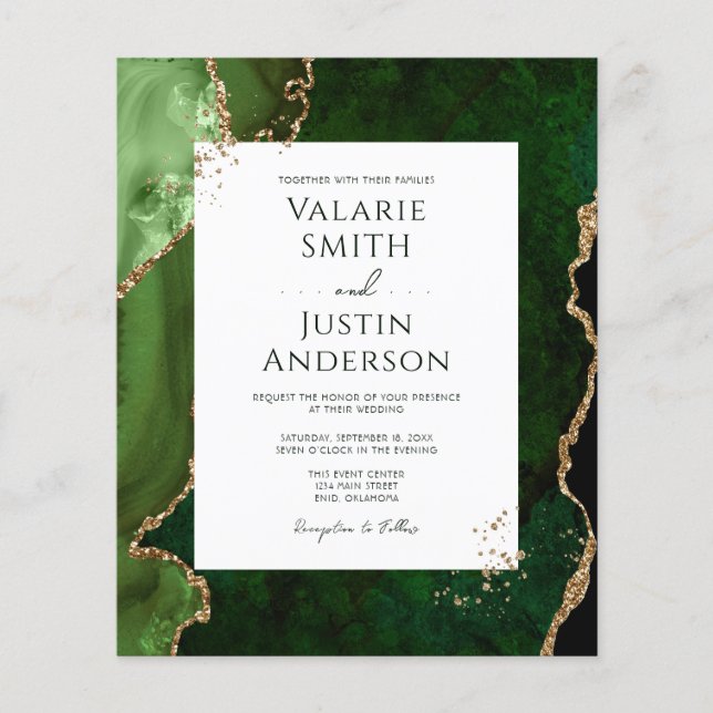 Elegantes Green und Gold Agate Stone Budget Hochze Flyer (Vorne)