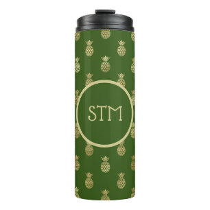 Elegantes Green und Gold Ananas Monogramm Thermosbecher