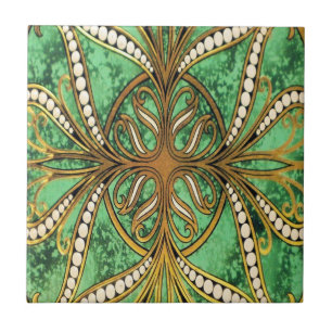 Elegantes Green und Gold Damask Muster Fliese
