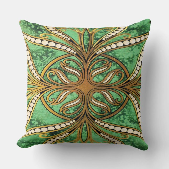 Elegantes Green und Gold Damask Muster Kissen (Vorderseite)