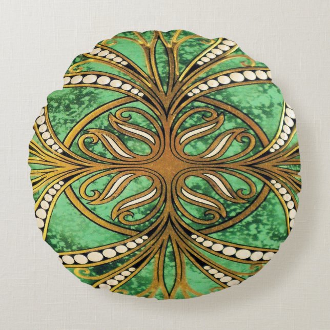 Elegantes Green und Gold Damask Muster Rundes Kissen (Vorderseite)
