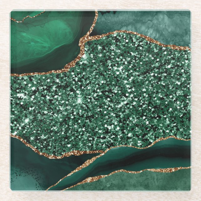 Elegantes Green und Gold Glitzer Agate Glasuntersetzer (Vorderseite)