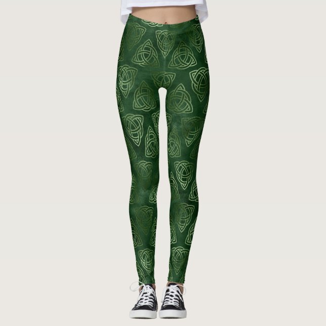 Elegantes Green und Gold Irish Celtic Muster Leggings (Vorderseite)